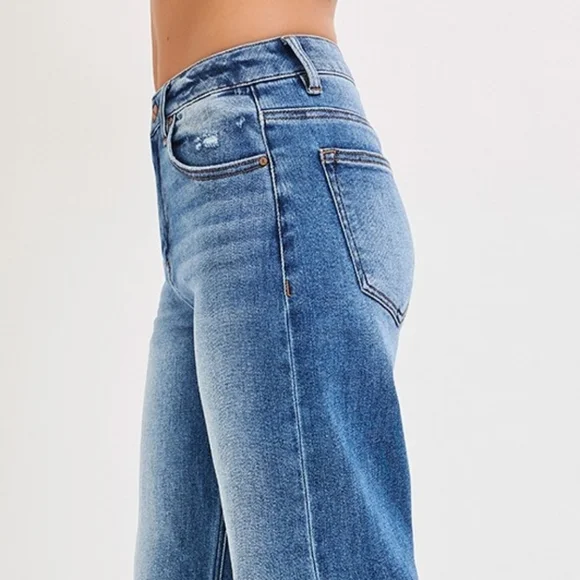 RISEN Barrel Jeans High-rise Boyfriend Vertical Seam Cropped Denim Distressed - Picture 6 of 16